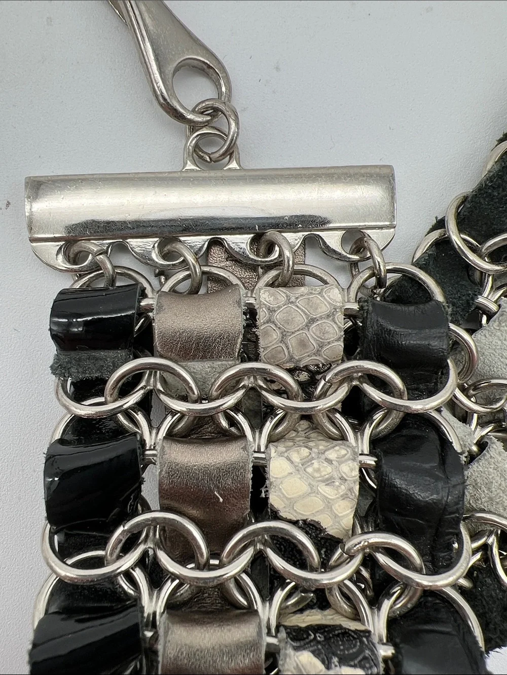 Boho Multi-Strand Chain+Genuine Leather Wide Belt Silver/Black/Snake - Size M/L